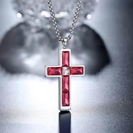 BAMIKI Ruby Cross Necklace for Men, Ruby Red Cubic Zirconia July Birthstone Pendant Necklace for Women, Hypoallergenic 316L Stainless Steel Faith Jewelry Gifts, Chain 24 Inch
