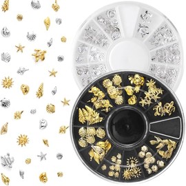 Celblisora 3 Kartons 3D-Metall-Nagel-Charms,Seestern-Muschel-Maniküre-Kunst-Aufkleber,12 Stile Nageldekor,DIY-Verzierungen für Scrapbook-Lesezeichen