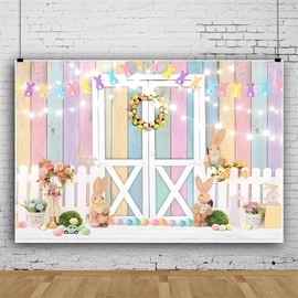 Chloroplastid Colorful Easter Backdrop with Spring Flowers, Easter Bunny Rabbits, Eggs - Vinyl, 10x8FT, Pink Blue Yellow