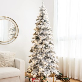 Glitzhome 7.5ft Pre-Lit Flocked Layered Spruce Artificial Christmas Tree, Large Xmas Elegant Snowfall Spruce Tree with 350 Warm White Lights for Holiday Decorations