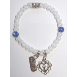 Stretchy Faith Based Clear Crackle Beaded Bracelet with Cross Charm