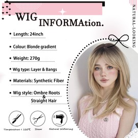 Long Blonde Wig with Bangs Womens Wigs for White Women Ombre Wig Layered Wig Curtain Bangs Wig Medium Length Wigs for Women Blonde 24inch Synthetic Wigs Straight Wig Cosplay Wigs for Daily Party Use