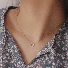 CHERRY Knot Mini Pave Horseshoe Necklace, Simple Pendant, Metal Allergy, Stainless Steel, K18, Women's, Short, Snake Chain, U-Shape, U-Shaped, Gold, Silver, Stainless Steel, Zircon