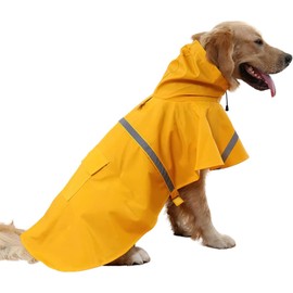 Large Dog Raincoat Adjustable Pet Water Proof Clothes Lightweight Rain Jacket Poncho Hoodies with Strip Reflective,Yellow(M)