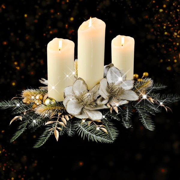 Cindeer Christmas Tabletop Centerpiece with Artificial Poinsettia Mantel Candle Holders