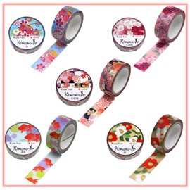 Kamiiso GR-0509 Japanese Washi Masking Tape, Kimono Beauty 5 Rolls (Bells, Double Cherry Blossoms, Checkered Tachibana, Goldfish, Camellia) Set, 0.6 inches (15 mm) x 2.6 ft (7 m) Rolls, Japanese