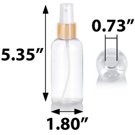 JUVITUS 4 oz / 120 ml Clear Plastic PET Boston Round Bottle (BPA Free) with Gold Fine Mist Spray (6 pack)