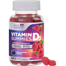Vitamin D3 Gummies Extra Strength 5000 IU (125 mcg) - Bone, Teeth, Muscle & Immune Support Vitamin D Gummy Dietary Supplement, Nature's Berry Vitamin D Supplement, Non-GMO - 120 Gummies | Health Nutrition Naturals