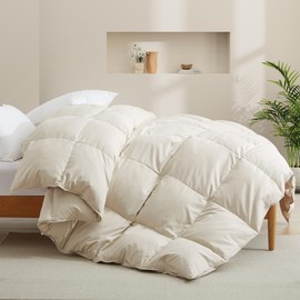 HNU All Season Extra Warm Medium Weight Goose Feather Down Comforter Queen/Full Size Double-Needle Boxed Stitched | Ivory Cream Color Ultra Soft Fabric Plush & Silent Aesthetic Bedding Cozy Luxurious