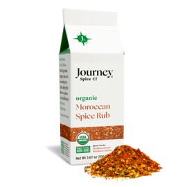 Organic Moroccan Spice Rub by Journey Spice Co. | Salt-Free, Sugar-Free, MSG-Free, Non-GMO | Natural Mediterranean Seasoning Blend | Chicken, Poultry, Fish, Meat, Shawarma, Vegetable Rub | 3.67 oz. | Resealable/Reusable Cap