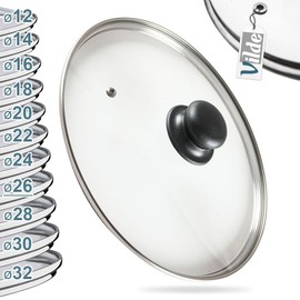 Vilde Glass lid with stainless steel ring for pot and pan, diameter (26 cm), 12, 14, 16, 18, 20, 22, 24, 26, 28, 30, 32 cm, 200 °C heat-resistant glass, pan lid, universal lid