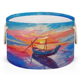 Sunset Sea Boat Oil Painting Storage Basket Cube Laundry Basket Large Storage Basket Bin with Handle Clothes Basket Laundry Hamper Organizer for Nursery Home Office
