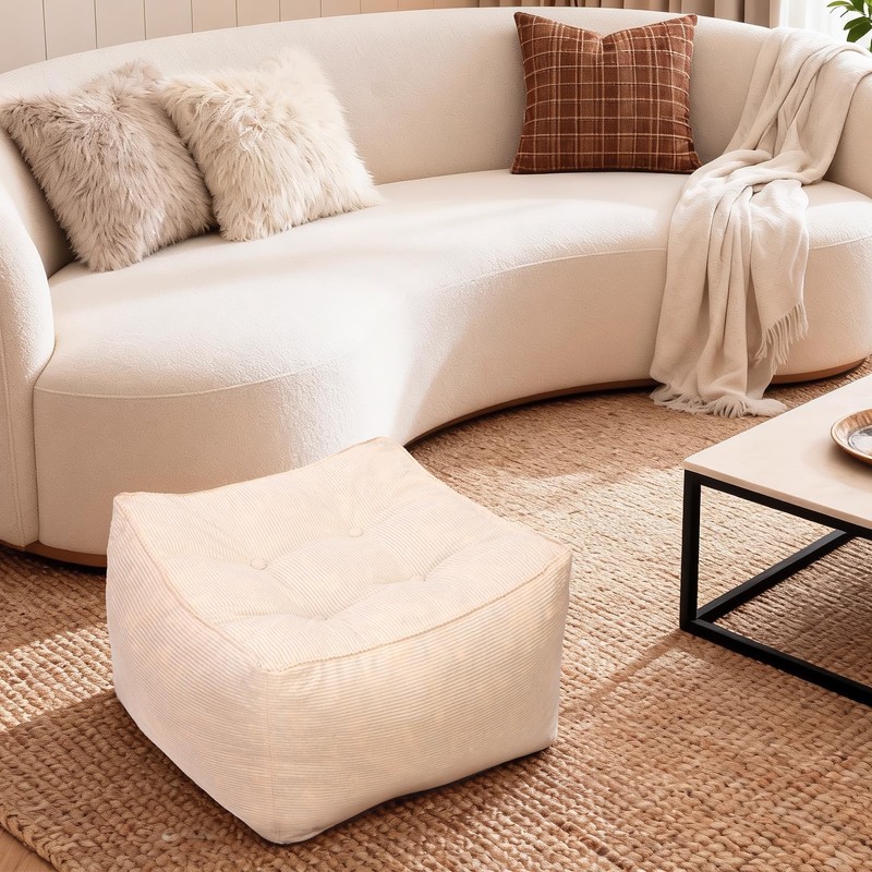 Kinevoli Square Corduroy Pouf Ottoman, Soft Fluffy Foot Stool with