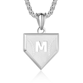 Initial A-Z Necklace for Boys Stainless Steel Letter Shield Pendant Box Chain 22+2 inch Inspirational Baseball Home Plate Necklace Baseball Jewelry Gift for Men(S-M)