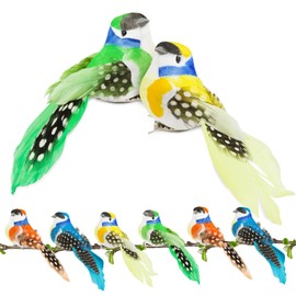 BETESSIN 8 Pieces Bird Decorative Figures Artificial Birds Decoration with Clip Colourful Bird Figure with Holder Clip Mini Bird Decoration Figure 8 cm for Garden Spring Decoration Party Decoration