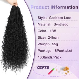 FANWYFYU Boho Faux Locs Crochet Hair 8 Packs Goddess Locs Boho Soft Locs Crochet Hair with Curly Ends Pre-looped Long Bohemian River Locs Crochet Hair For Women (1B, 24 Inch)