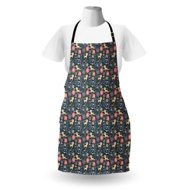 Lunarable Cartoon Apron, Pattern of Theme Kitten Cats Flowers Fish Animals Repetition, Unisex Kitchen Bib with Adjustable Neck for Cooking Gardening, Adult Size, Dark Blue Multicolor