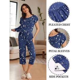 Ekouaer Womens Pajama Set Short Sleeve Sleepwear Pleated Floral Pjs Set Capri Pants Lounge Sets with Pockets S-XXL