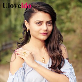 Uloveido Women's Simulated Yellow Citrine Ring Stud Earrings and Crystal Necklace November Birth Stone Jewellery Set (Gold, Q) Y183