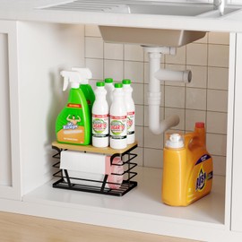 TIDIIABODE Trash Bag Holder/Dispenser,Garbage Bag Dispenser with Bamboo Top for Laundry Room Organization,Stackable Storage Organizer Trash Bag Holder Under Sink