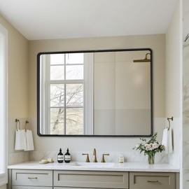 Furnbar Black Bathroom Mirror 48x36 Inch, Rounded Corner Rectangle Mirror with Metal Deep Frame, Wall Mirrors for Over Sink, Vanity, Bedroom, Bathroom, Hangs Horizontally or Vertically