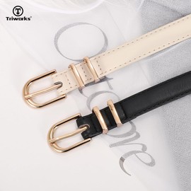 TRIWORKS 2 Pack Women Skinny Leather Belts for Jeans Pants Thin Faux Leather Belt with Gold Buckle …