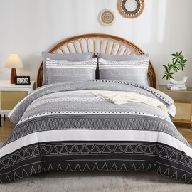 WONGS BEDDING King Size Comforter Set 7 Pieces, Boho Grey White Geometric Striped Comforter for King Bed in a Bag, Soft Microfiber Bedding Set with Pillowcases, Flat Sheet, Fitted Sheet, Pillow Shams