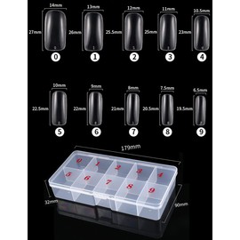 500 PCS Nail Tips Acrylic Flake Nails, 10 Sizes Full Cover Artificial False Nails, Fake Full Tips with Box for DIY Nail Art Salon Women(Clear)