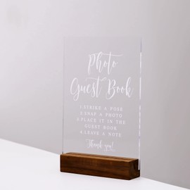 Clear Acrylic Photo Guest Book Sign with Wood Stand- 5”x 7" Clear Acrylic Wedding Reception Sign with Holder, Snap A Photo Sign for Wedding Reception & Event Party