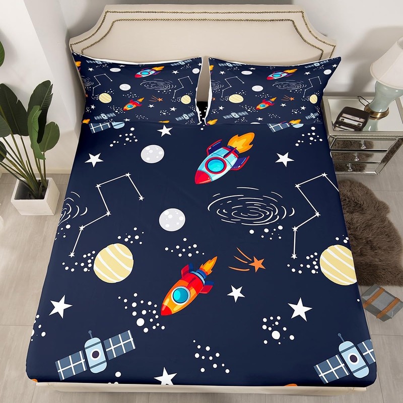 Homemissing Space Rocket Print Fitted Sheet Double Size For Kids