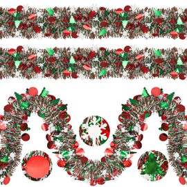 39ft Christmas Tinsel Garland Decorations Xmas Tree Glitter Metallic Twist Garland with Snowflake Hanging Decor for Mantel Stairs Home Indoor Outdoor Party Supplies