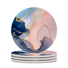 Pink Gold Marble Drink Absorbent Coaster,Pretty Marble Design Ceramic Drink Coaster with Cork Base,Housewarming Gifts,Tabletop Protection Suitable for Kinds of Cups(Pack of 4)