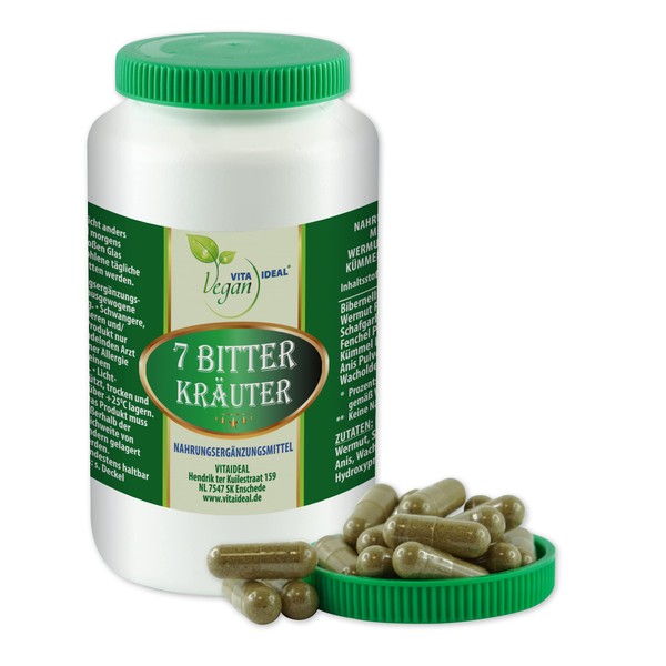 Vitaide Vegan® 7 Bitter Herbs 180 Vegetable Capsules, 470 mg Each Powder Ground of Beaver Root Wormwood, Yarrow, Fennel, Cumin, Anise, Juniper Berries, Pure Natural without Additives