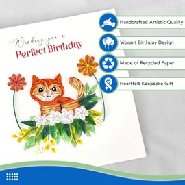 EcoLeafy Dot Cat Birthday Card - Quilled Tabby Cat Birthday Card for Women - Blank Inside for Personalization - 6x6 Handmade 3D Paper Art Design with Luxury Soft Peach Envelope (Orange Tabby)