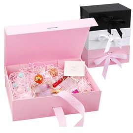 Gift Box with Lid, Gift Box 21 x 17 x 7 cm, Gift Box, Gift Box with Bow, Gift Box, Gift Packaging, Magnetic Gift Box for Weddings, Birthdays, Christmas (Pink)