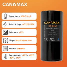 Canamax 430-516 uf MFD 220-250 VAC Volts CD60 Round Motor Start Capacitor 50/60 Hz AC Electric - Compatible with Single Phase Motor Capacitors Condenser Straight Cool or Heat Pump Air Conditioner