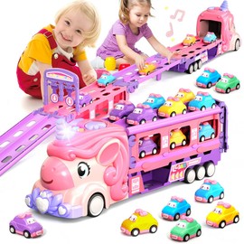 Car Toys for 2 3 4 5 6 7 Year Old Toddler Girl, Unicorn Toys Truck & Foldable Race Track W/Light & Sound, Friction Power Toy Cars W/ 9 Princess Cars, Birthday Gift for Kids Girls Age 4-6