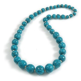 Avalaya Graduated Wooden Bead Long Necklace in Turquoise Blue/Black - 80cm Long