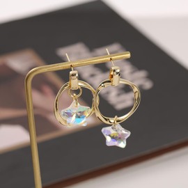 DIAMANTIO 18K Gold Plated Hoop Earrings with Iridescent Star Crystal Charm – Statement Dainty Astral Drop Earrings for Women