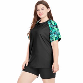 Davena Plus Size Rash Guard for Women 2 Piece Big Size Swimsuits Short Sleeve Bathing Suit with Bottom UV UPF 50+(Balck,Green Floral,5X)