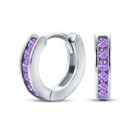 Purple Cubic Zirconia CZ Channel Set Small Huggie Hoop Earrings For Women Simulated Amethyst .925 Sterling Silver