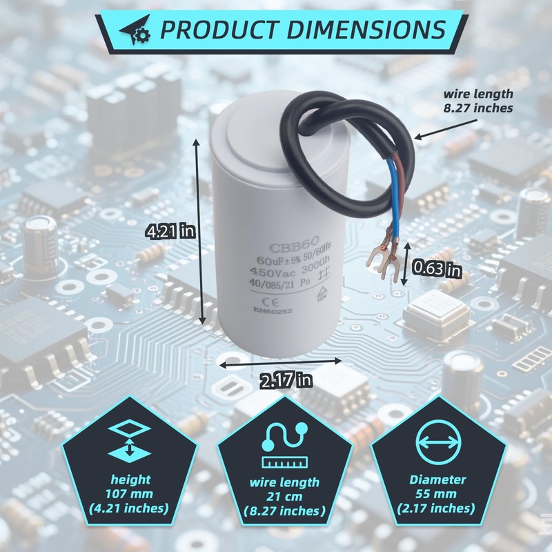 CBB60 60UF 450vac Motor Run Capacitor Volt Cylindrical Dual Wire,