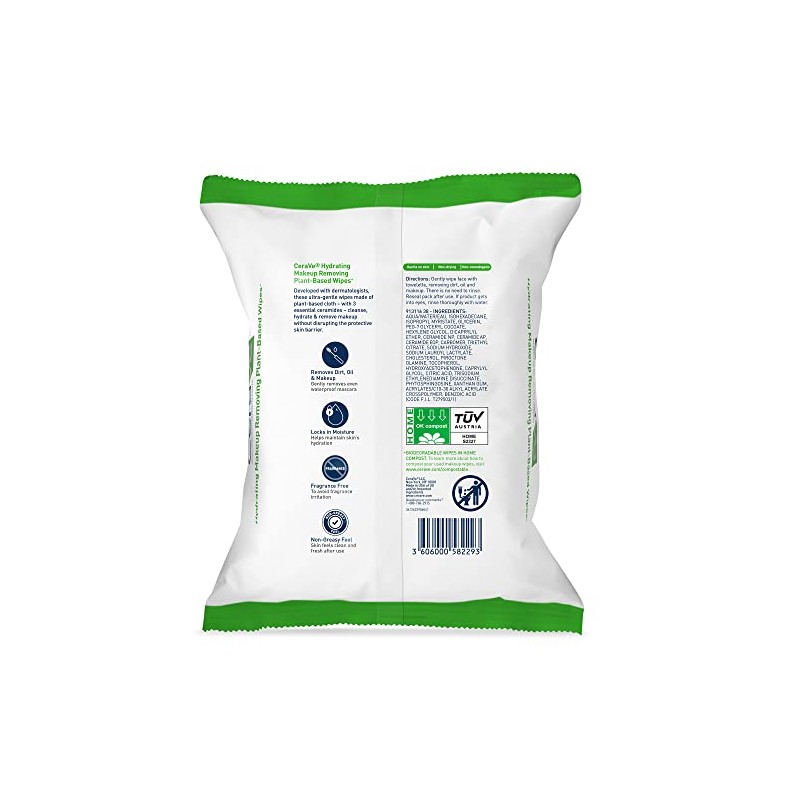 CeraVe Hydrating Facial Cleansing Makeup Remover Wipes Plant Based Face