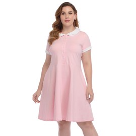 HDE Plus Size Peter Pan Collar Dress Fit and Flare Collared Casual Skater Dress Pink