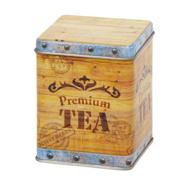 Tea Chest Design - Retro/Vintage Style Square Hinged Lid 100g Tea Caddy/Kitchen Storage Tin - 9.5cm