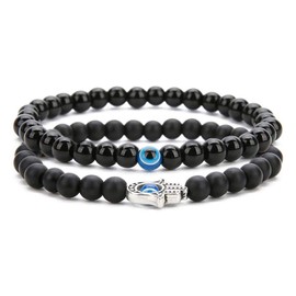 2Pcs Lucky Turkish Blue Evil Eye Hamsa Hand of Fatima Beaded Stretch Bracelet Elastic 7 Chakras Gemstone Lava Stone Bracelet for Women Men Good Luck Protection Amulet Jewelry-C 2pcs