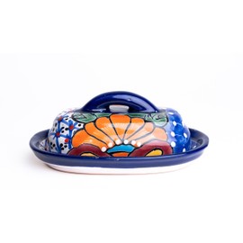 MEXTEQUIL - Mantequera de cerámica talavera - Tapa pintada a mano - Auténtica cerámica mexicana - Diseño floral