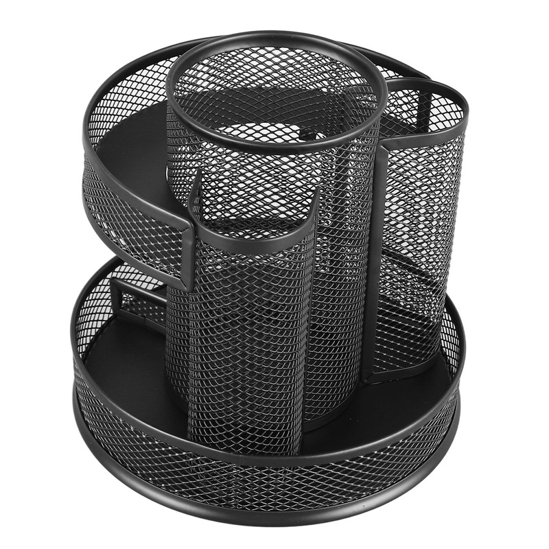 Rotating Pen Holder Black Mesh 7 Compartments Strong Metal Rotating