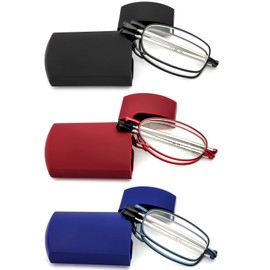 REAVEE 3 Pack Folding Reading Glasses for Men Women, Blue Light Blocking Computer Readers Spring Hinge with Small Compact Case, Black Red Blue 3.5