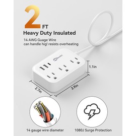 Short Extension Cord 2 Foot - Small Surge Protector Appliance Power Strip, 14 Gauge Heavy Duty Extension Cord with 3 Outlets 3 USB, High Wattage for Microwave, Workbench, Kitchen, Garage Must Have